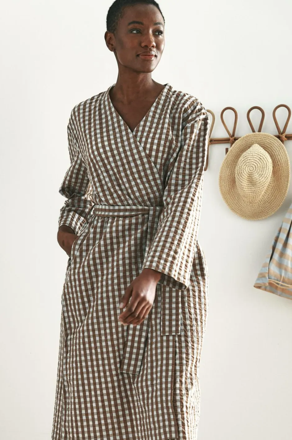 Discount Ellos Home Kimono Nell Check Kimono Lyseblå/brun