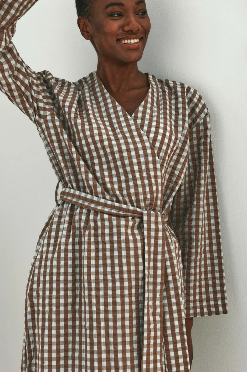 Discount Ellos Home Kimono Nell Check Kimono Lyseblå/brun
