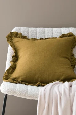Discount Ellos Home Pudebetræk Candice Frill i vasket hør Bronzegrøn