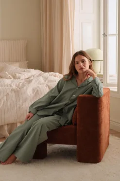 Best Ellos Home Pyjamasskjorte Long Sleeve Shirt Elly i genanvendt halvlinned Aquagrøn