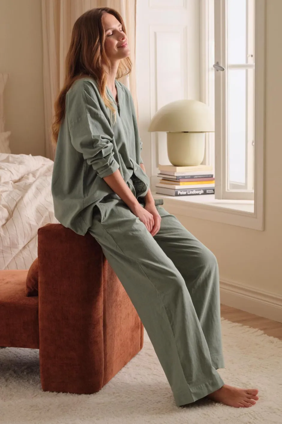 Best Ellos Home Pyjamasskjorte Long Sleeve Shirt Elly i genanvendt halvlinned Aquagrøn