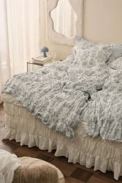 New Ellos Home Sengesæt Avery Elastic i bomuldspercale 2 eller 3 stykker Grå blå blomster