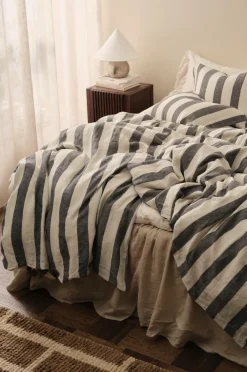 Clearance Ellos Home Sengesæt Candice Block Stripe i vasket hør, 2 dele Mørkegrå/cremefarvet