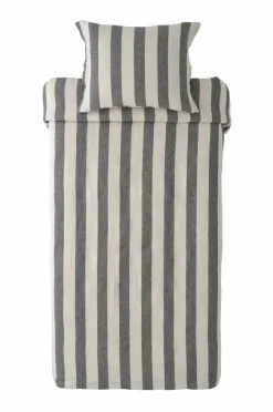 Clearance Ellos Home Sengesæt Candice Block Stripe i vasket hør, 2 dele Mørkegrå/cremefarvet