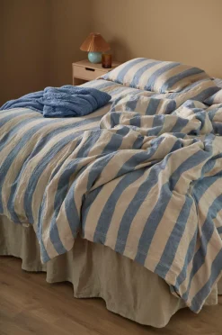 Sale Ellos Home Sengesæt Candice Block Stripe i vasket hør, 2 dele Lyseblå