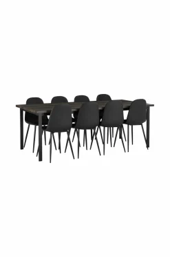 Discount Ellos Home Spisegruppe Ritha med bord 220x100 cm + 8 stole Imiteret læder Brun/sort