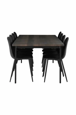 Discount Ellos Home Spisegruppe Ritha med bord 220x100 cm + 8 stole Imiteret læder Brun/sort