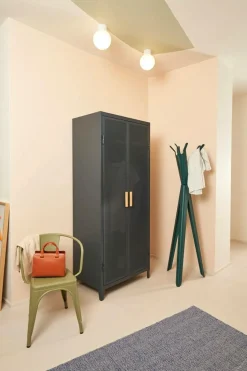 Clearance Tolix Garderobeskab B2 Perforated Locker Wardrobe Painted with PEFC Oak Handles Bleu Nuit MFT