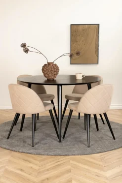 Hot Venture Home Spisegruppe Dipp med 4 spisebordsstole Velvet Stitches Beige stof / sort