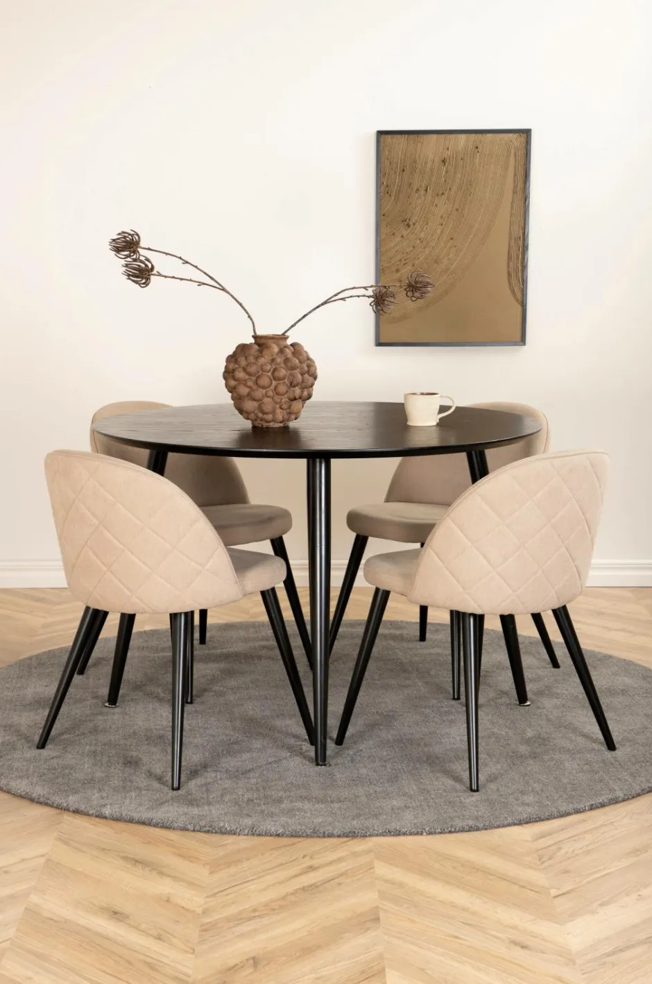 Hot Venture Home Spisegruppe Dipp med 4 spisebordsstole Velvet Stitches Beige stof / sort